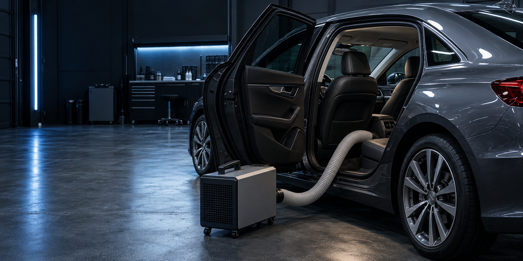 Vehicle receiving an ozone air purification treatment in the CleanWorx detail shop