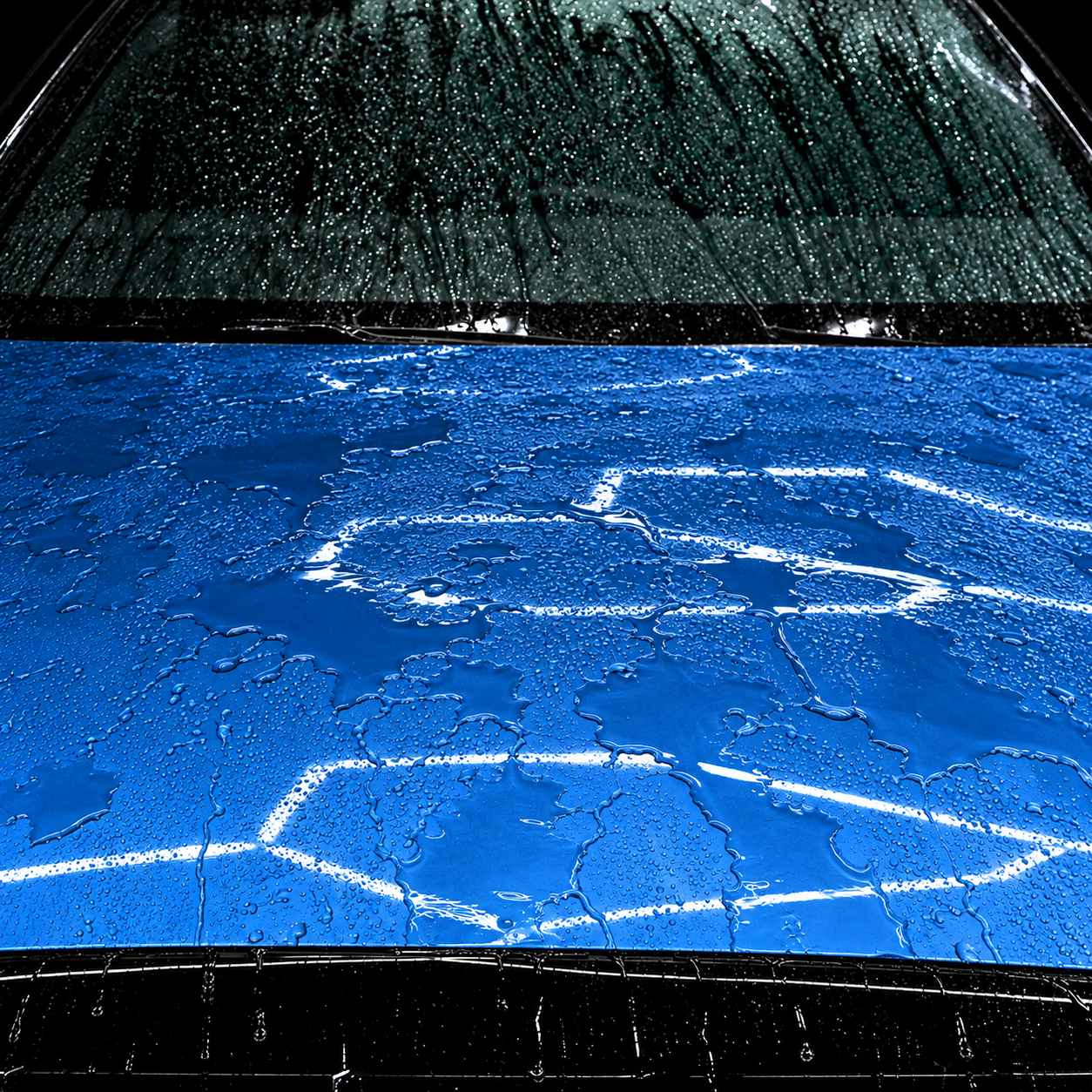 Unprotected vehicle paint panel showing flat water pooling before CleanWorx ceramic coating
