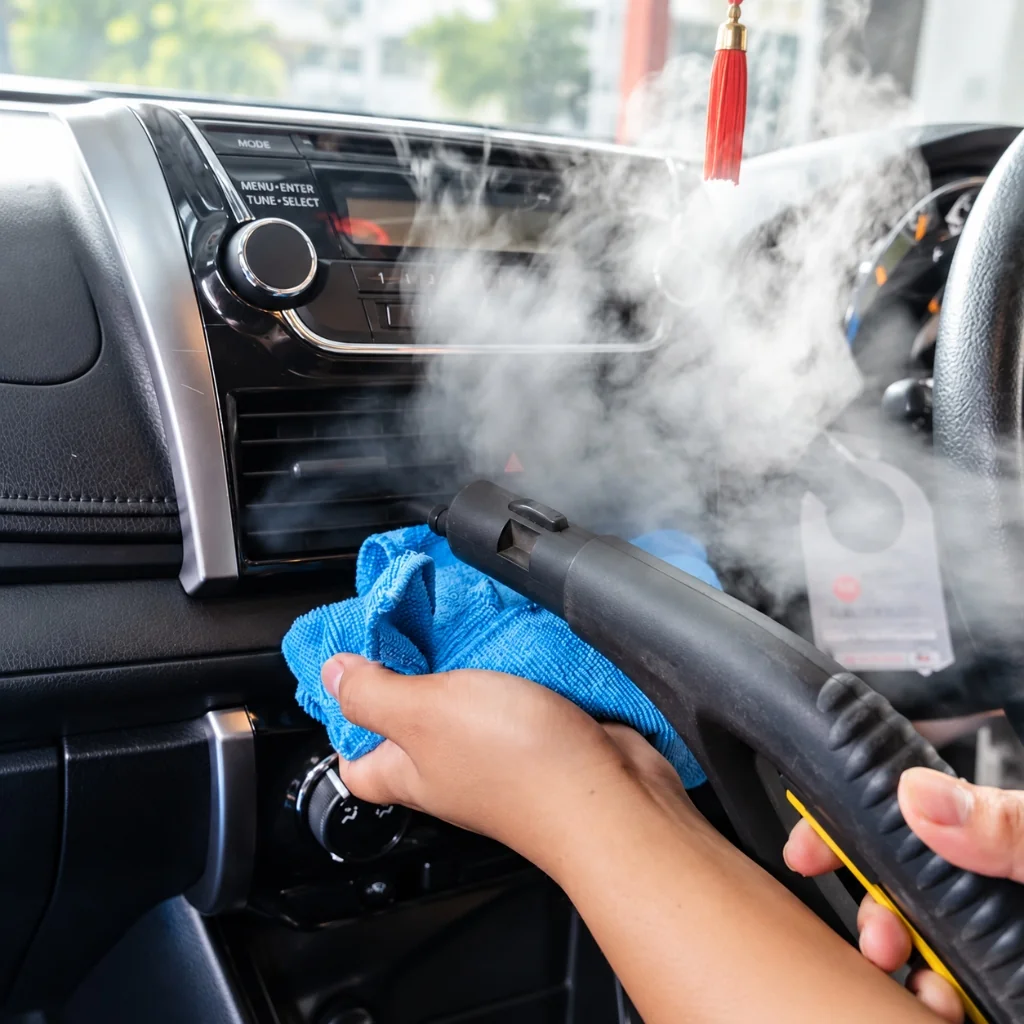 High-temperature steam cleaning and sanitization of car AC air vents and dashboard for odor removal at CleanWorx Basking Ridge, NJ