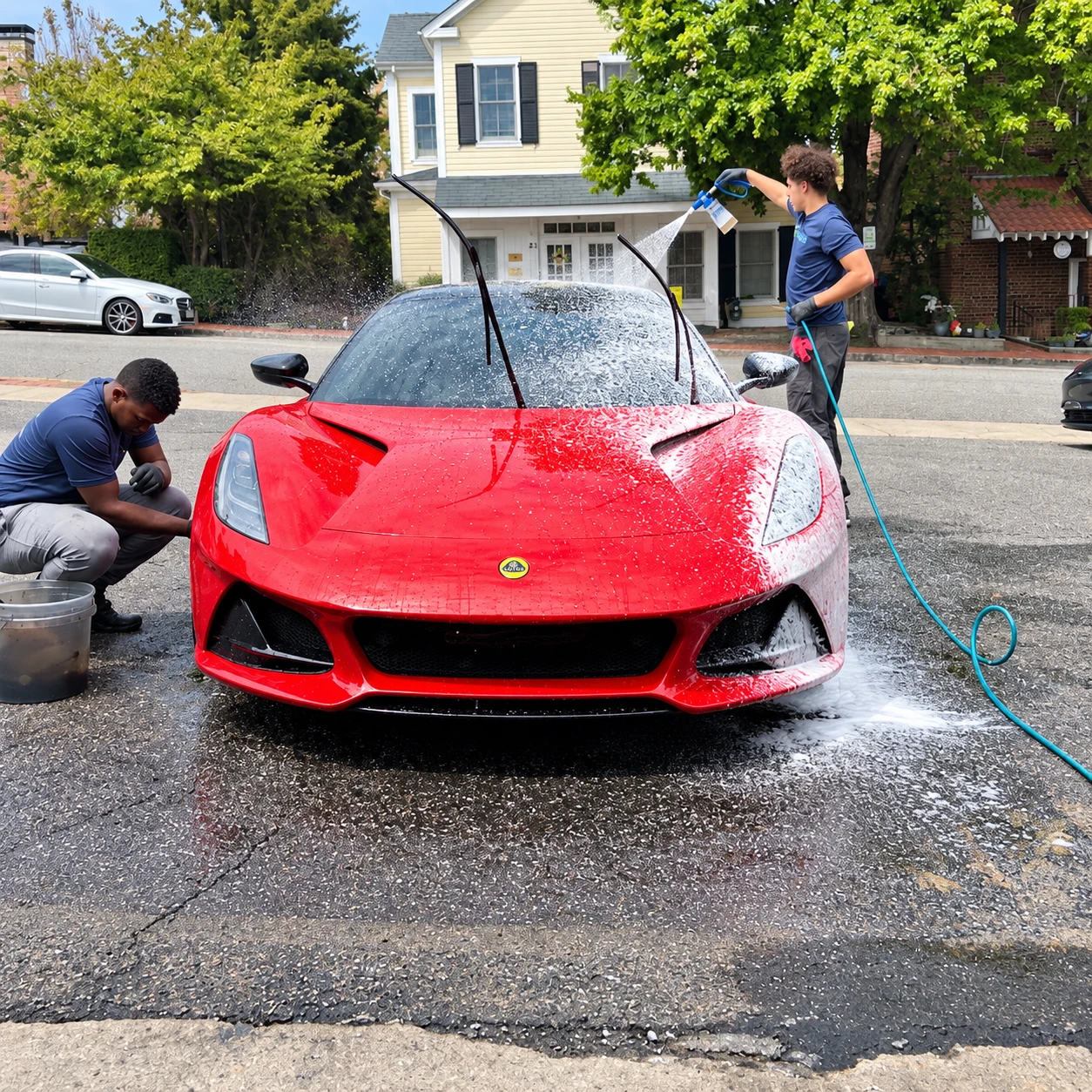 CleanWorx detailers performing scratch-free foam cannon hand wash on red Lotus sports car