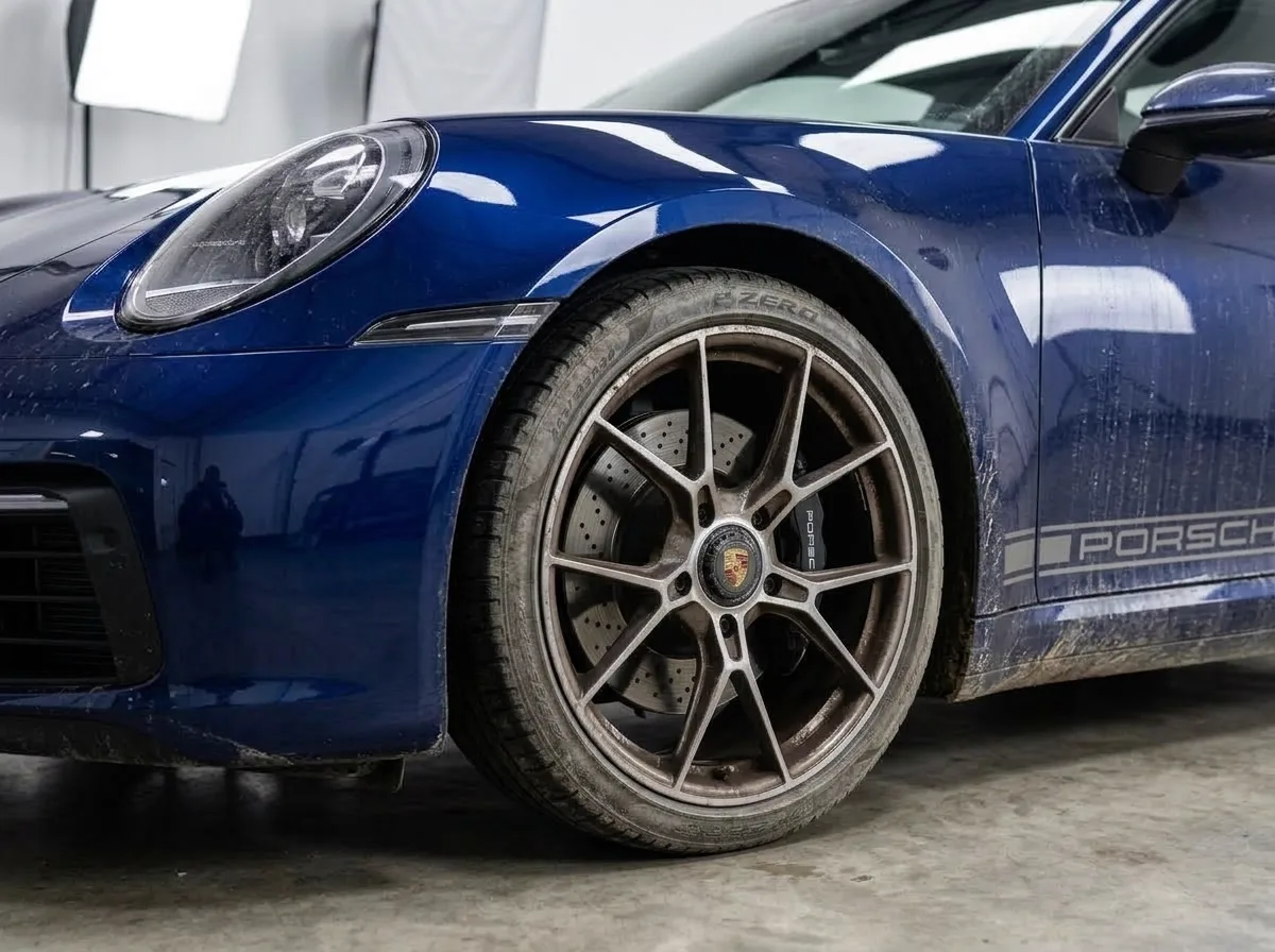 Vehicle wheel, tire and exterior panels covered in road grime and brake dust before detailing