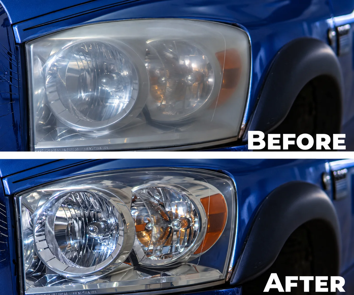 Headlight restoration before and after on a blue vehicle: cloudy lens above, clearer lens below