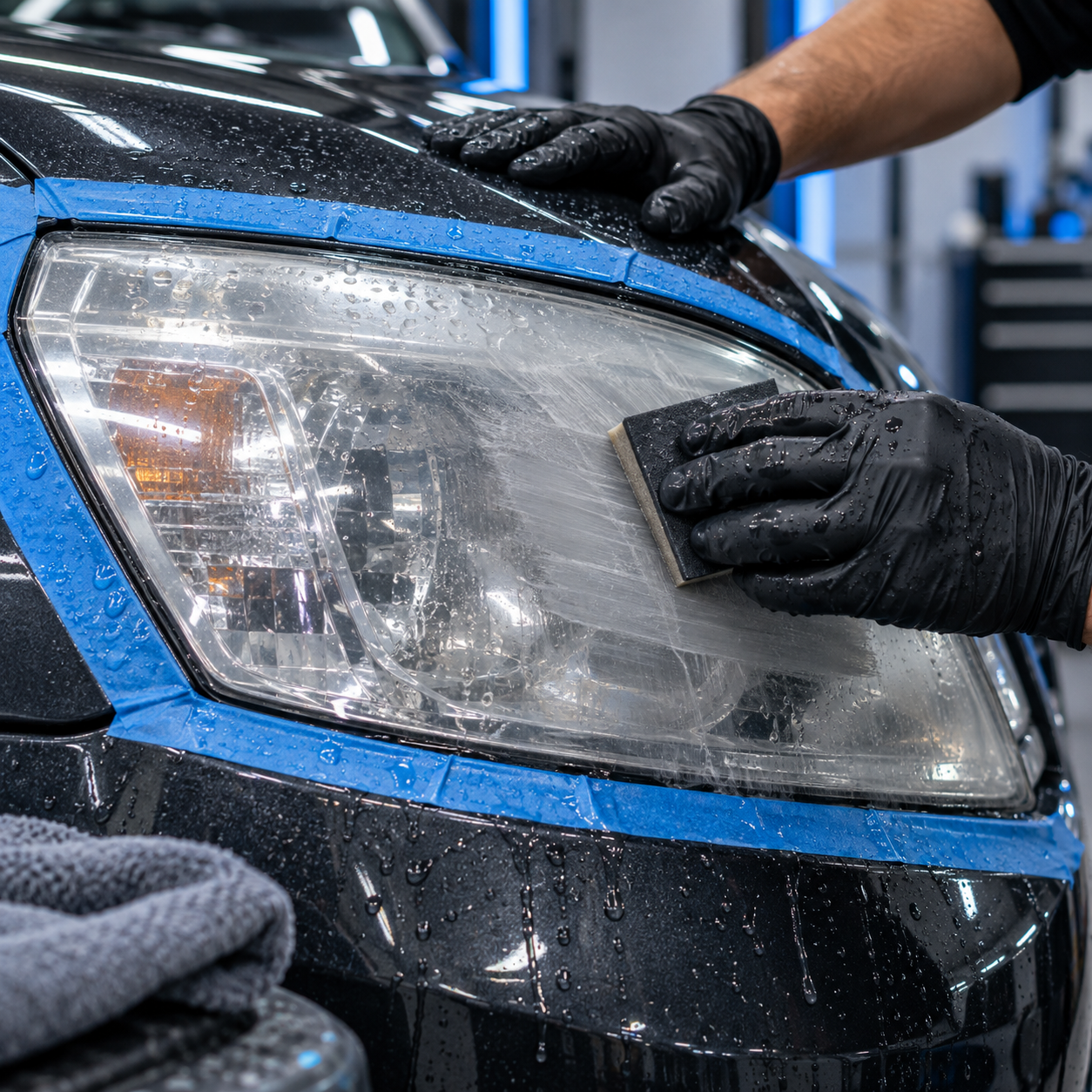 Controlled wet sanding of a vehicle headlight with paint protected by masking tape
