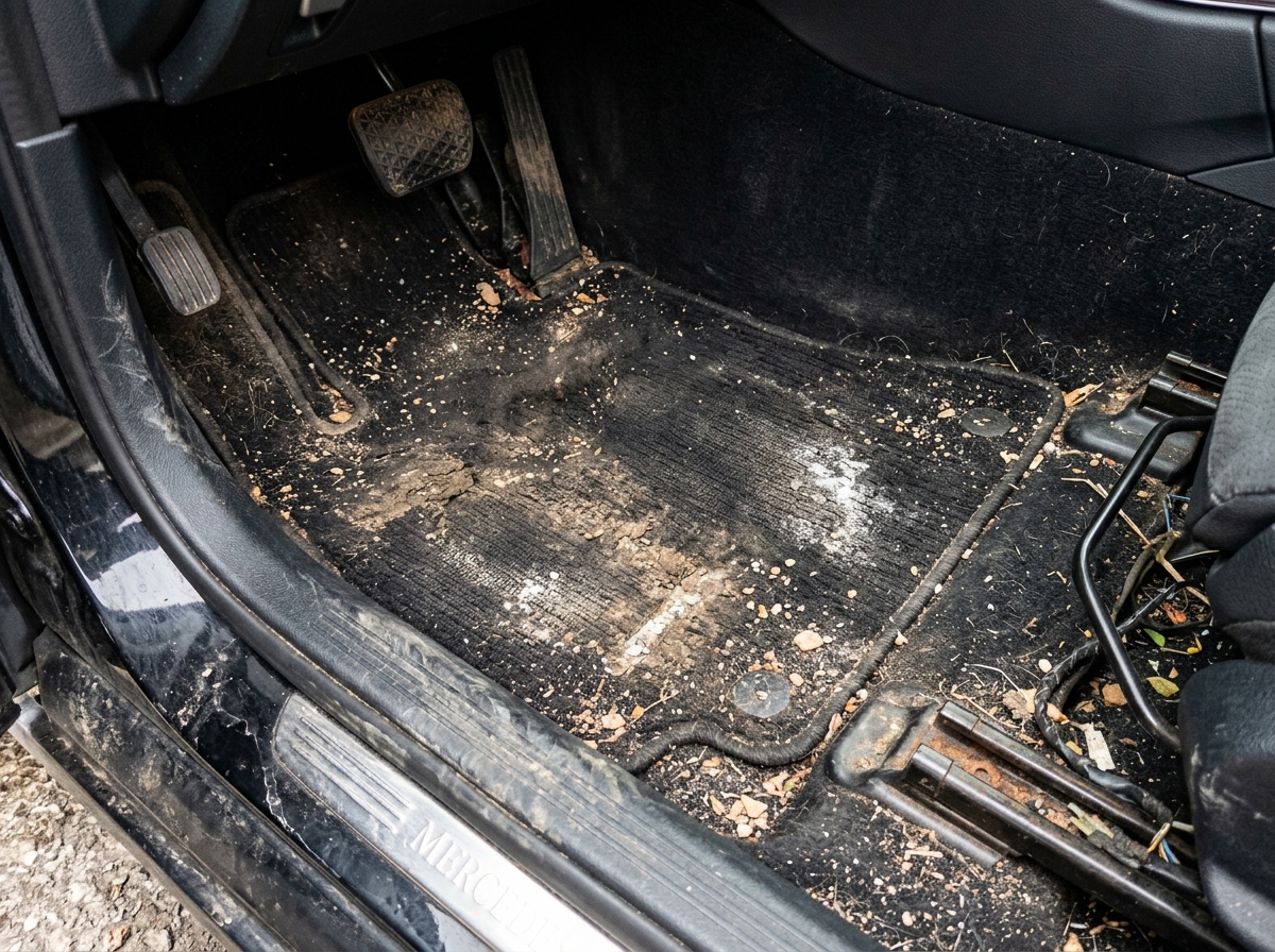 Vehicle floor carpet stained with ground-in mud, road salt, and debris before deep extraction detailing