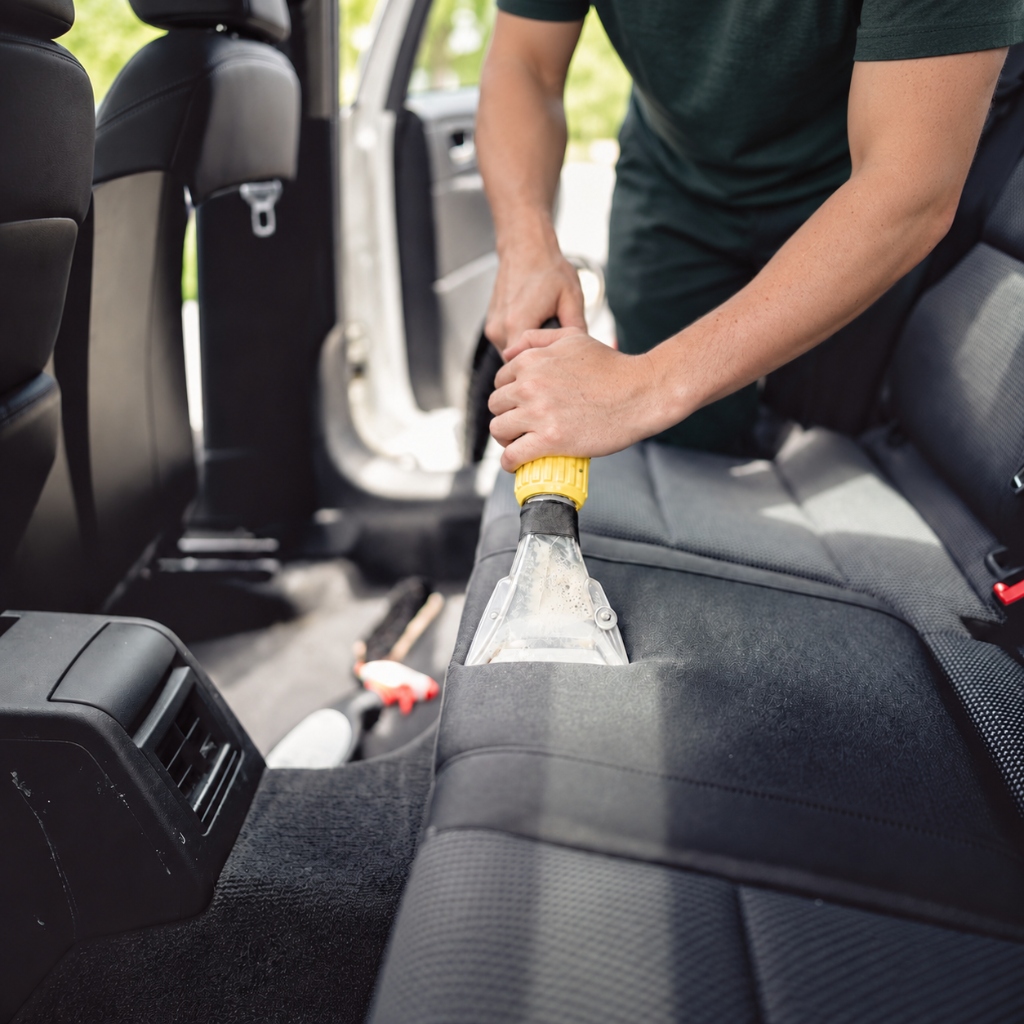CleanWorx detailer extracting dirt and shampoo from vehicle rear upholstery seats with commercial extractor
