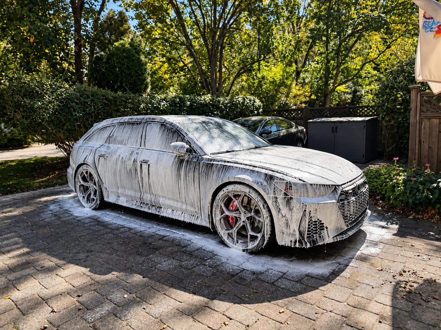 Sport wagon covered in foam during an exterior wash