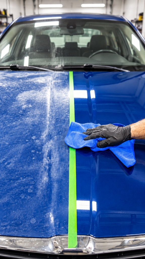 CleanWorx 50/50 paint correction comparison showing swirl mark and oxidation removal with mirror clarity
