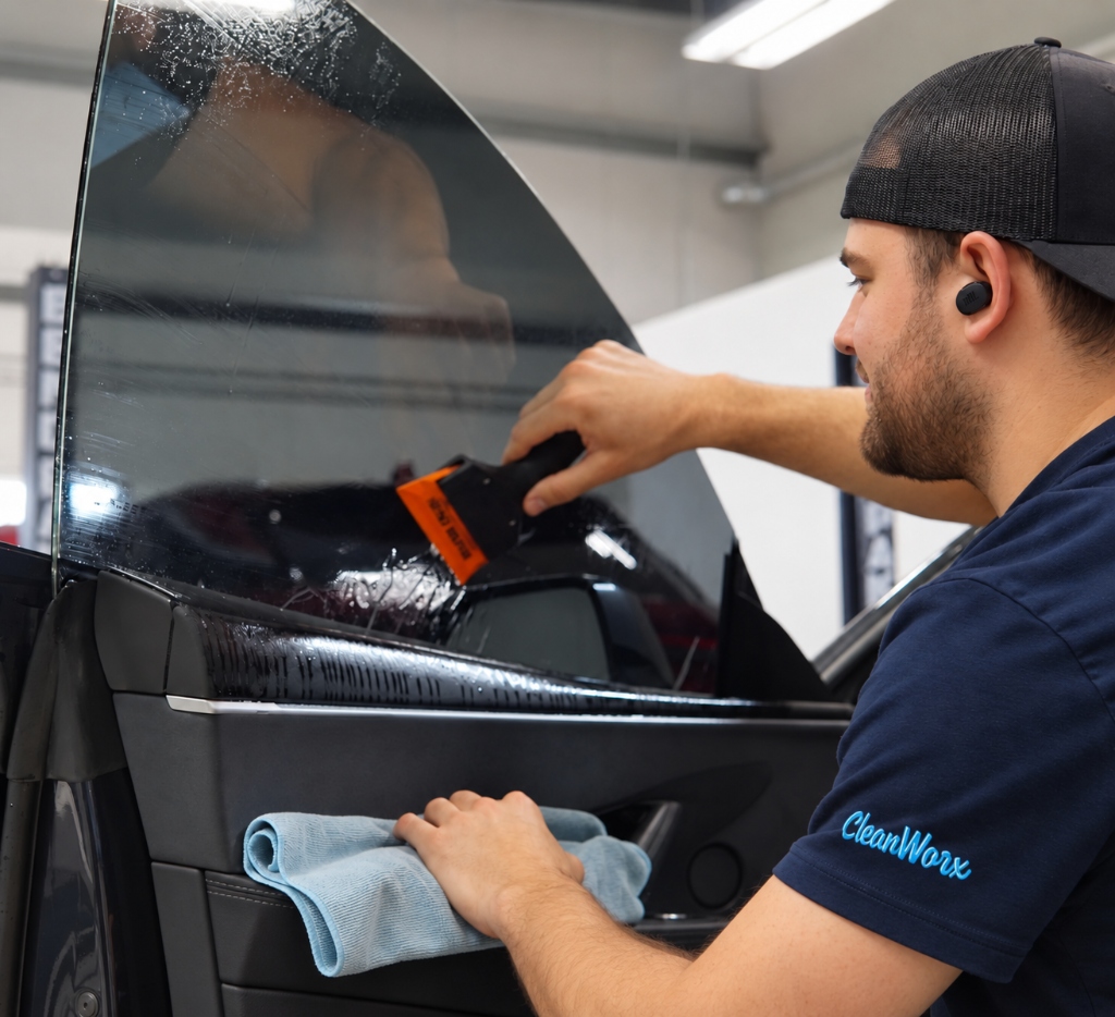 CleanWorx technician precision window tint squeegee installation in the Basking Ridge shop